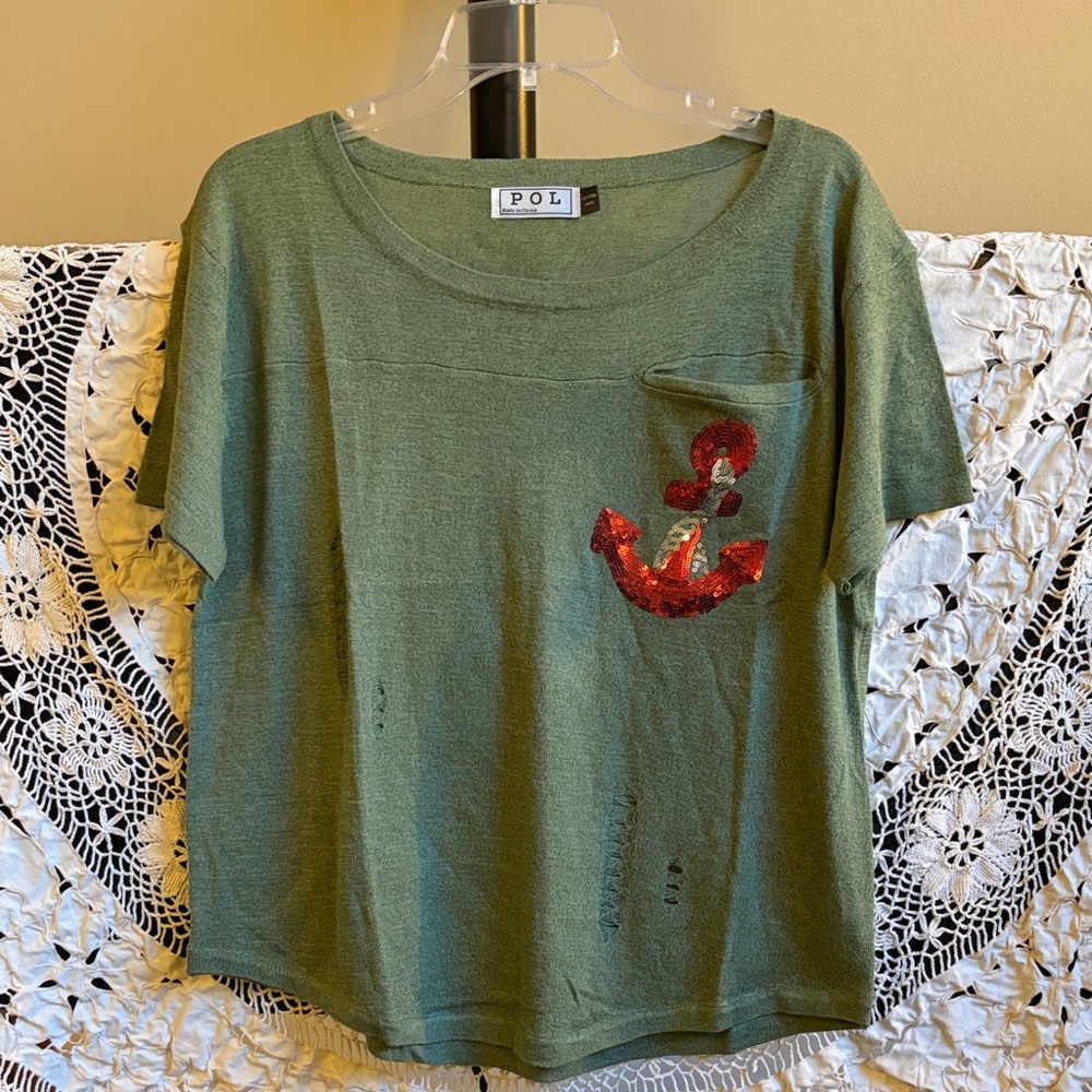 POL Olive Tee with Red Anchor w/ Distress NWOT Size Large